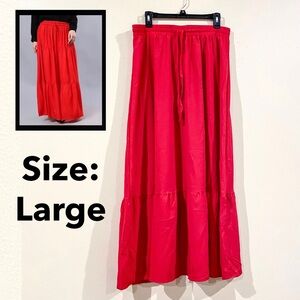Large Solid Wine Red 38" Tiered Skirt, Casual Ruffle Elastic Waist For Summer